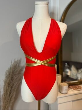 Red Deep-V One-Piece Swimsuit with Gold Wrap Detail